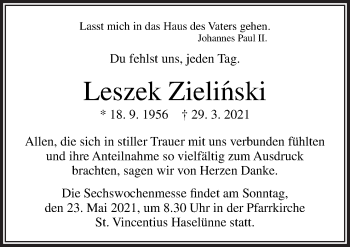 Traueranzeige von Leszek Zielinski von Neue Osnabrücker Zeitung GmbH & Co. KG