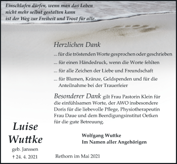 Traueranzeige von Luise Wuttke von Neue Osnabrücker Zeitung GmbH & Co. KG