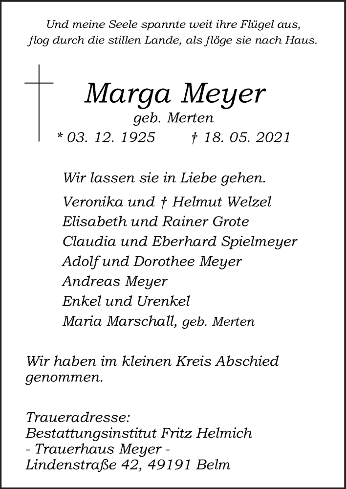  Traueranzeige für Marga Meyer vom 29.05.2021 aus Neue Osnabrücker Zeitung GmbH & Co. KG