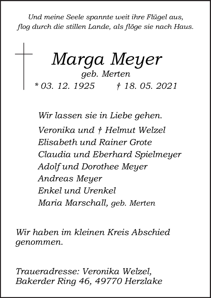 Traueranzeige für Marga Meyer vom 29.05.2021 aus Neue Osnabrücker Zeitung GmbH & Co. KG