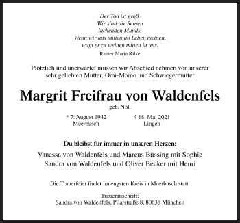 Traueranzeige von Margrit Freifrau von Waldenfels von Neue Osnabrücker Zeitung GmbH & Co. KG