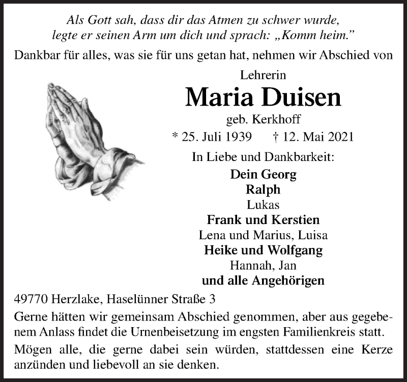  Traueranzeige für Maria Duisen vom 15.05.2021 aus Neue Osnabrücker Zeitung GmbH & Co. KG