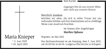 Traueranzeige von Maria Knieper von Neue Osnabrücker Zeitung GmbH & Co. KG