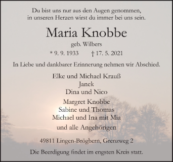 Traueranzeige von Maria Knobbe von Neue Osnabrücker Zeitung GmbH & Co. KG
