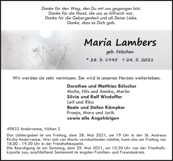 Traueranzeige von Maria Lambers von Neue Osnabrücker Zeitung GmbH & Co. KG