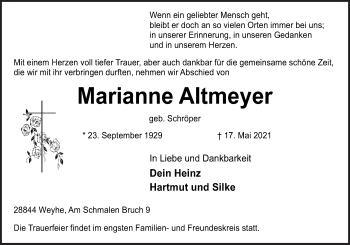Traueranzeige von Marianne Altmeyer von Neue Osnabrücker Zeitung GmbH & Co. KG