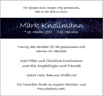 Traueranzeige von Mark Knollmann von Neue Osnabrücker Zeitung GmbH & Co. KG