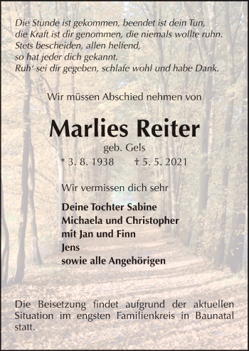 Traueranzeige von Marlies Reiter von Neue Osnabrücker Zeitung GmbH & Co. KG
