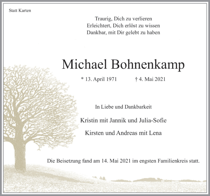  Traueranzeige für Michael Bohnenkamp vom 15.05.2021 aus Neue Osnabrücker Zeitung GmbH & Co. KG