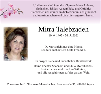 Traueranzeige von Mitra Talebzadeh von Neue Osnabrücker Zeitung GmbH & Co. KG