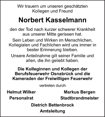 Traueranzeige von Norbert Kasselmann von Neue Osnabrücker Zeitung GmbH & Co. KG