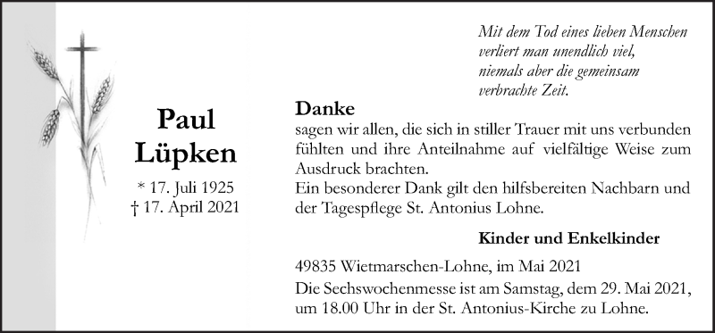  Traueranzeige für Paul Lüpken vom 22.05.2021 aus Neue Osnabrücker Zeitung GmbH & Co. KG