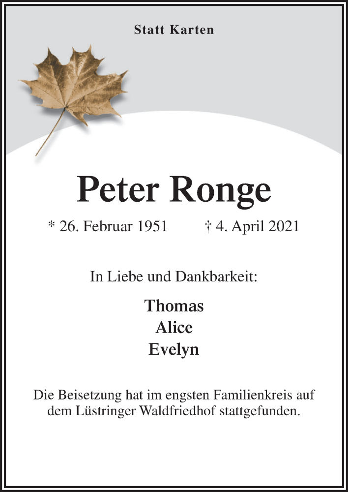  Traueranzeige für Peter Ronge vom 15.05.2021 aus Neue Osnabrücker Zeitung GmbH & Co. KG