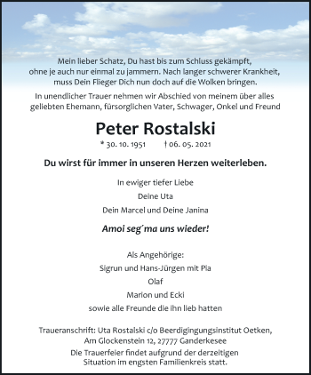 Traueranzeige von Peter Rostalski von Neue Osnabrücker Zeitung GmbH & Co. KG