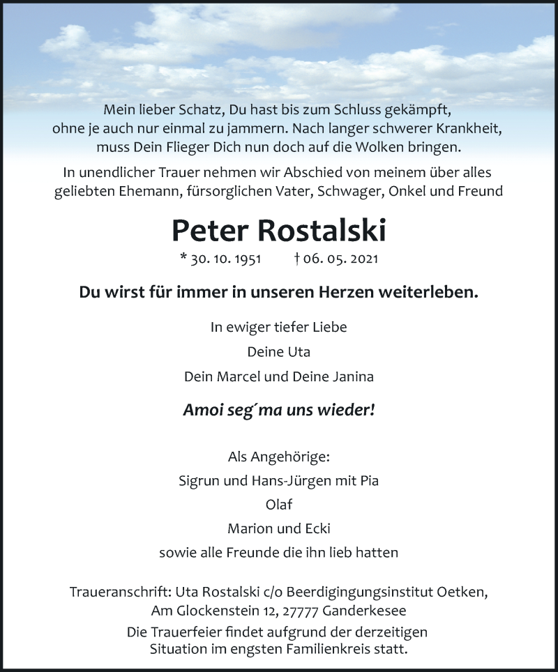  Traueranzeige für Peter Rostalski vom 15.05.2021 aus Neue Osnabrücker Zeitung GmbH & Co. KG