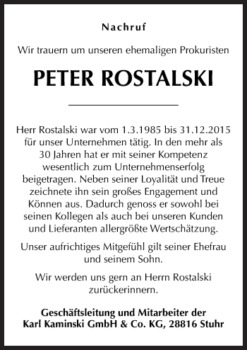 Traueranzeige von Peter Rostalski von Neue Osnabrücker Zeitung GmbH & Co. KG