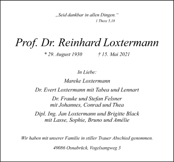 Traueranzeige von Reinhard Loxtermann von Neue Osnabrücker Zeitung GmbH & Co. KG