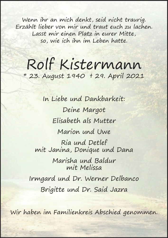  Traueranzeige für Rolf Kistermann vom 15.05.2021 aus Neue Osnabrücker Zeitung GmbH & Co. KG