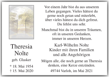 Traueranzeige von Theresia Nolte von Neue Osnabrücker Zeitung GmbH & Co. KG