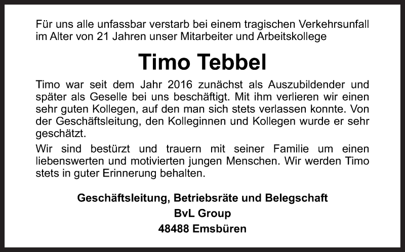  Traueranzeige für Timo Tebbel vom 15.05.2021 aus Neue Osnabrücker Zeitung GmbH & Co. KG