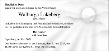Traueranzeige von Walburga Lakeberg von Neue Osnabrücker Zeitung GmbH & Co. KG