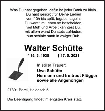 Traueranzeige von Walter Schütte von Neue Osnabrücker Zeitung GmbH & Co. KG