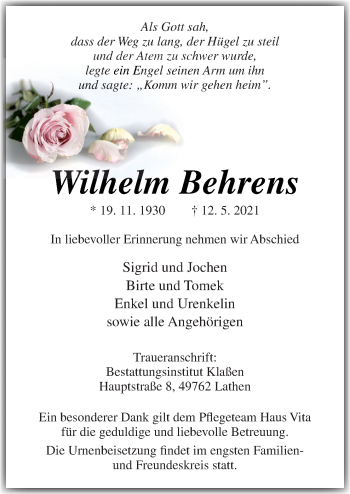 Traueranzeige von Wilhelm Behrens von Neue Osnabrücker Zeitung GmbH & Co. KG