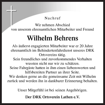 Traueranzeige von Wilhelm Behrens von Neue Osnabrücker Zeitung GmbH & Co. KG