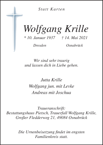 Traueranzeige von Wolfgang Krille von Neue Osnabrücker Zeitung GmbH & Co. KG