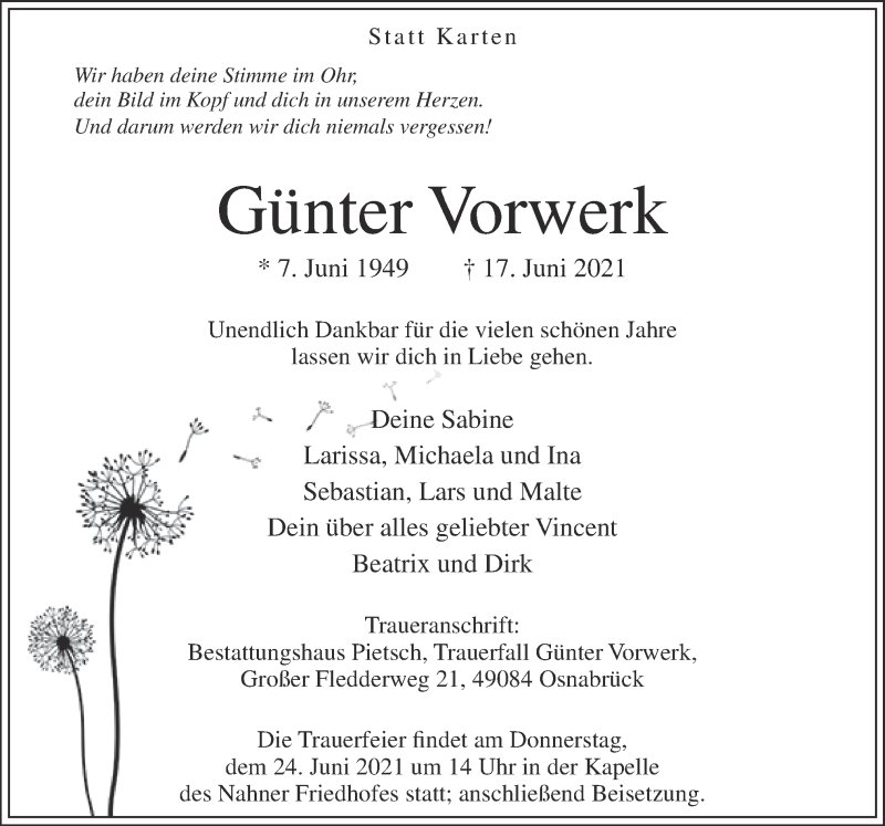  Traueranzeige für Günter Vorwerk vom 22.06.2021 aus Neue Osnabrücker Zeitung GmbH & Co. KG