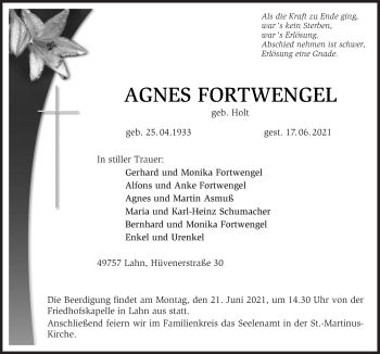 Traueranzeige von Agnes Fortwengel von Neue Osnabrücker Zeitung GmbH & Co. KG