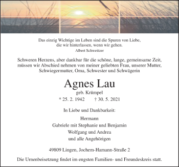 Traueranzeige von Agnes Lau von Neue Osnabrücker Zeitung GmbH & Co. KG