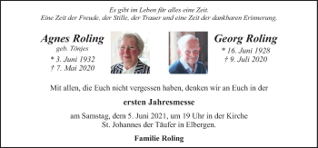 Traueranzeige von Agnes und Georg Roling von Neue Osnabrücker Zeitung GmbH & Co. KG