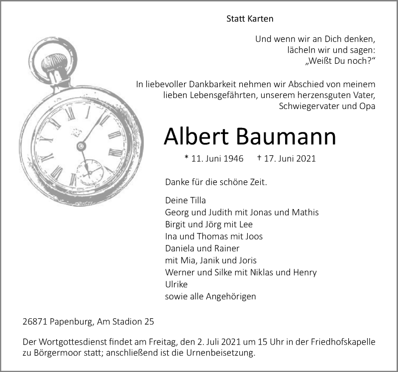  Traueranzeige für Albert Baumann vom 19.06.2021 aus Neue Osnabrücker Zeitung GmbH & Co. KG