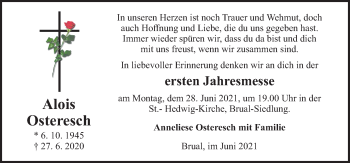 Traueranzeige von Alois Osteresch von Neue Osnabrücker Zeitung GmbH & Co. KG