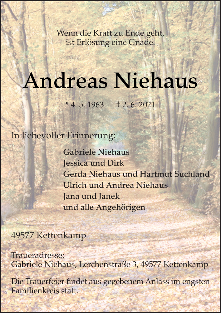  Traueranzeige für Andreas Niehaus vom 08.06.2021 aus Neue Osnabrücker Zeitung GmbH & Co. KG