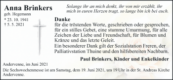 Traueranzeige von Anna Brinkers von Neue Osnabrücker Zeitung GmbH & Co. KG