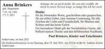 Traueranzeige von Anna Brinkers von Neue Osnabrücker Zeitung GmbH & Co. KG