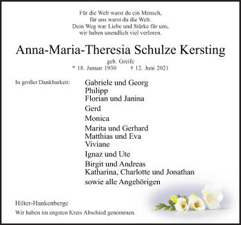 Traueranzeige von Anna-Maria-Theresia Schulze  Kersting von Neue Osnabrücker Zeitung GmbH & Co. KG