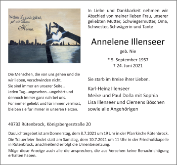 Traueranzeige von Annelene Illenseer von Neue Osnabrücker Zeitung GmbH & Co. KG