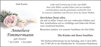 Traueranzeige von Anneliese Timmermann von Neue Osnabrücker Zeitung GmbH & Co. KG