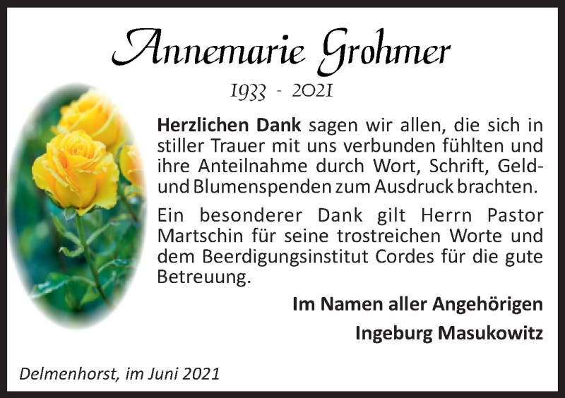  Traueranzeige für Annemarie Grohmer vom 12.06.2021 aus Neue Osnabrücker Zeitung GmbH & Co. KG