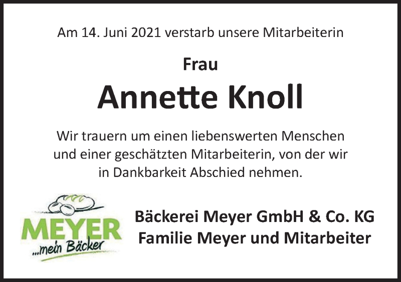  Traueranzeige für Annette Knoll vom 19.06.2021 aus Neue Osnabrücker Zeitung GmbH & Co. KG