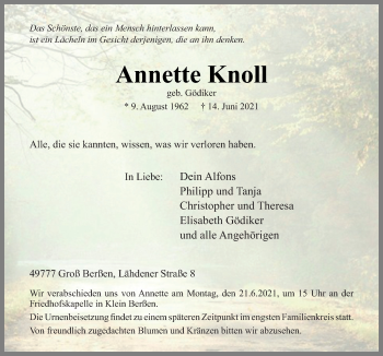 Traueranzeige von Annette Knoll von Neue Osnabrücker Zeitung GmbH & Co. KG