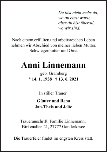 Traueranzeige von Anni Linnemann von Neue Osnabrücker Zeitung GmbH & Co. KG