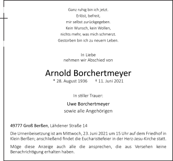 Traueranzeige von Arnold Borchertmeyer von Neue Osnabrücker Zeitung GmbH & Co. KG