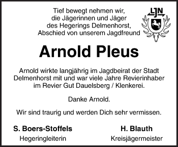 Traueranzeige von Arnold Pleus von Neue Osnabrücker Zeitung GmbH & Co. KG