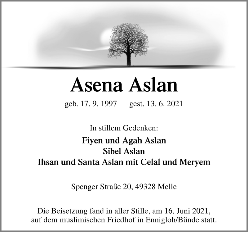  Traueranzeige für Asena Aslan vom 26.06.2021 aus Neue Osnabrücker Zeitung GmbH & Co. KG