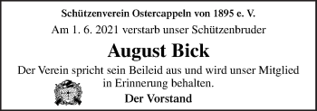 Traueranzeige von August Bick von Neue Osnabrücker Zeitung GmbH & Co. KG