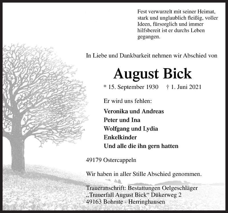  Traueranzeige für August Bick vom 12.06.2021 aus Neue Osnabrücker Zeitung GmbH & Co. KG